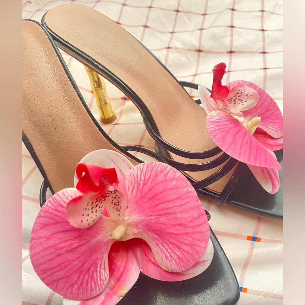 Black Heels with Pink Orchid Accent